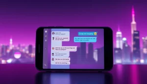 AI sexting interface on a smartphone, showcasing romantic texts and emojis in a modern digital landscape.