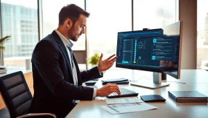 Microsoft Server 2025 User CAL günstig erwerben – Ein Geschäftsmann analysiert Softwarelösungen in einem modernen Büro.