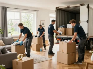 Entrümpelung schnell & sauber in Münster mit einem professionellen Team, das effizient ein Wohnhaus entrümpelt und eine warme und organisierte Atmosphäre zeigt.