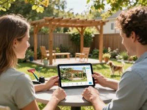 Paar interagiert mit einem Pergola 3D-Konfigurator in einem sonnendurchfluteten Garten, der das Outdoor-Design präsentiert.