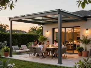 Atemberaubende Terrassenüberdachung, die Schatten für ein Familienessen auf einer stilvollen Terrasse bietet.