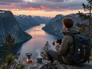 Beeindruckende Fjordlandschaft, die die Schönheit von Urlaub in Skandinavien zeigt, mit einem Reisenden, der die malerische Aussicht bei Sonnenuntergang genießt.