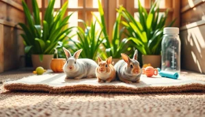 Nagermatte als zentrale Elemente in einem gemütlichen Haustierbereich mit einem glücklichen Kaninchen.