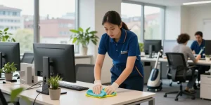 Professional cleaner performing unterhaltsreinigung bern in a bright office workspace.