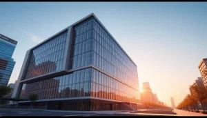 Professionelle 3d visualisierung eines modernen Architekturd Designs in einer Stadtlandschaft.