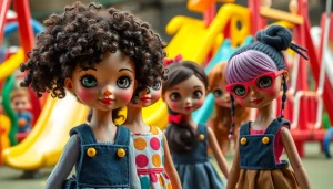 Aktive und kreative Gutdolls spielen in einem lebhaften Spielplatz aus bunten Rutschen und Schaukeln.