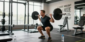 Kraft und Hingabe im Anabolika Shop - Bodybuilder beim Squats im modernen Fitnessstudio