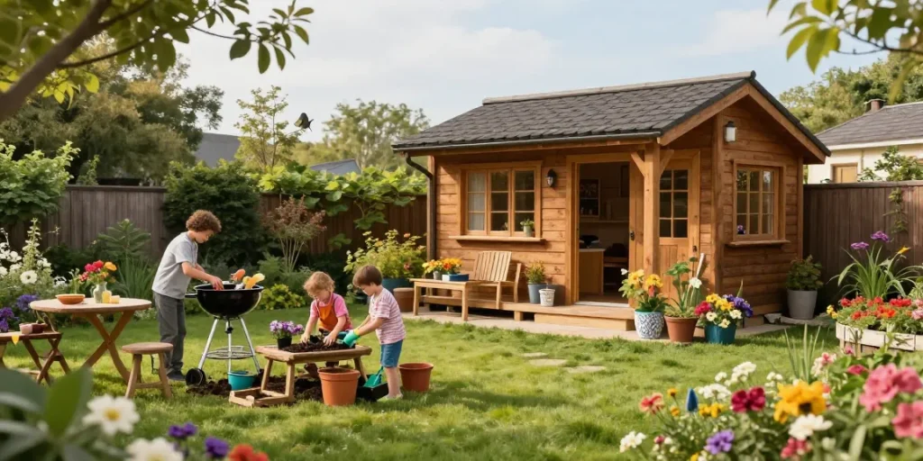 Stilvolle Gartenhäuser von McGarden24 in grünem Garten, Familie bei der Gartenarbeit.