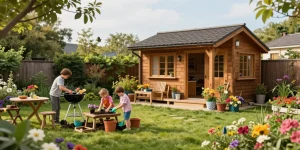 Stilvolle Gartenhäuser von McGarden24 in grünem Garten, Familie bei der Gartenarbeit.