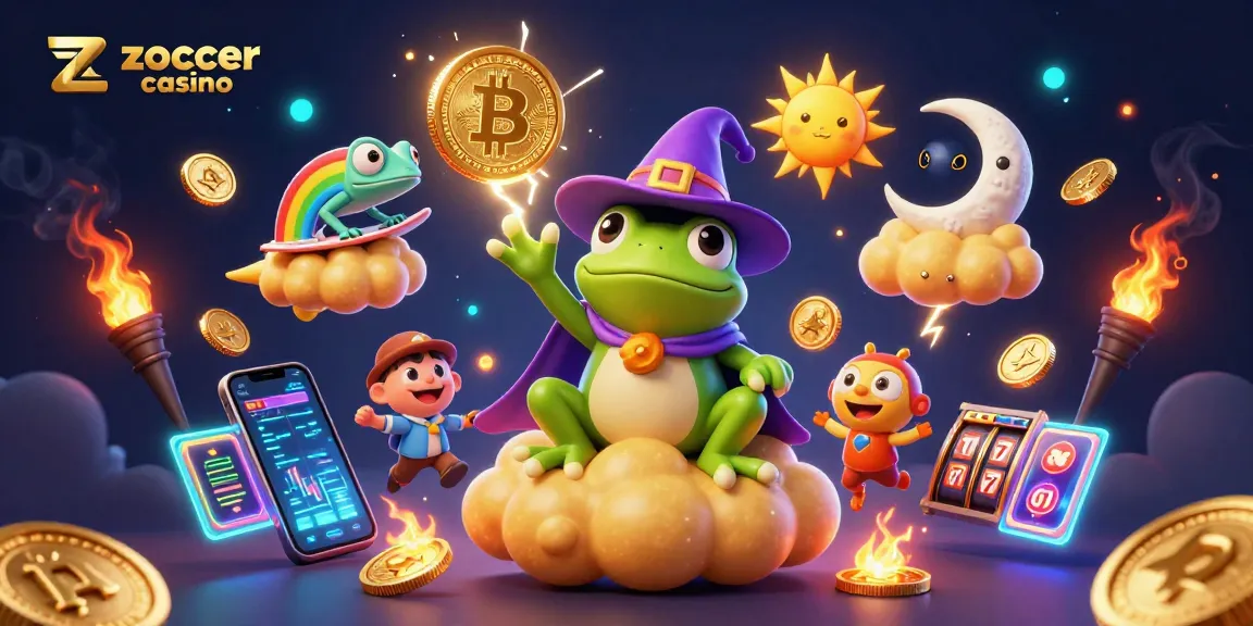 Experience the vibrant world of zoccer casino as a frog wizard conjures golden coins amid captivating game elements.