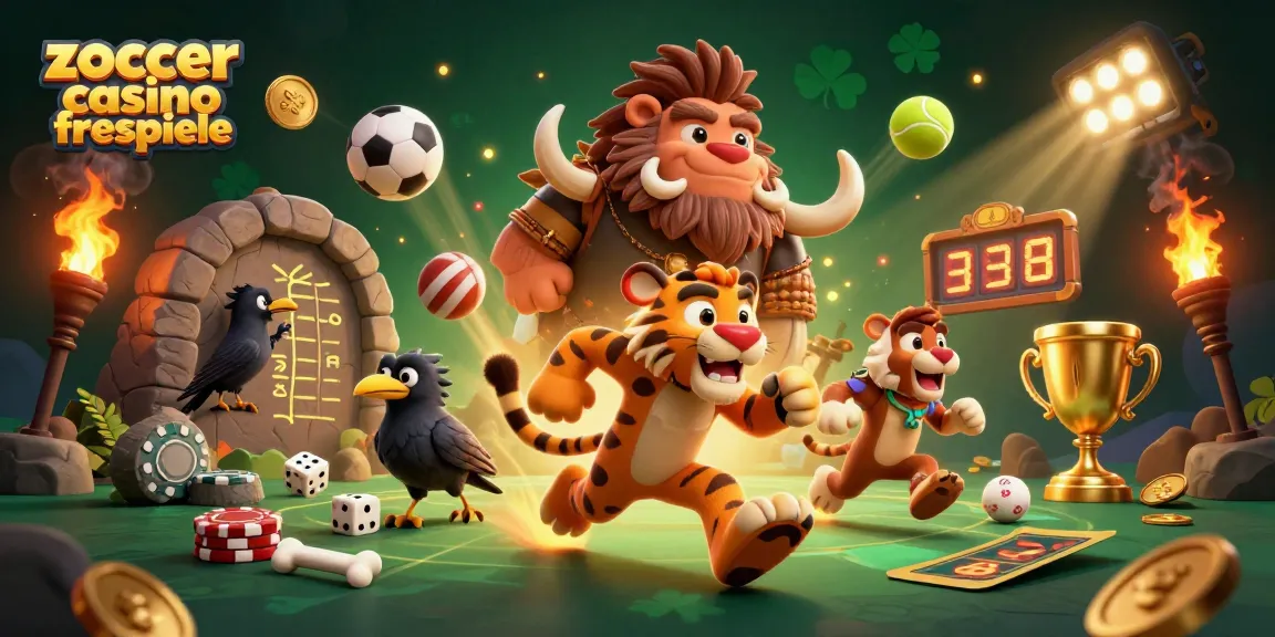 Zoccer Casino Freispiele genießen: 3D-Cartoon-Illustration mit urzeitlichem Flair und Glücksspiel-Elementen.