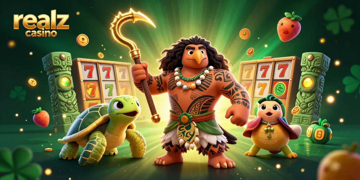 Engage with realz casino as a demigod hawk and turtle explore a vibrant casino world filled with slots and jackpots.