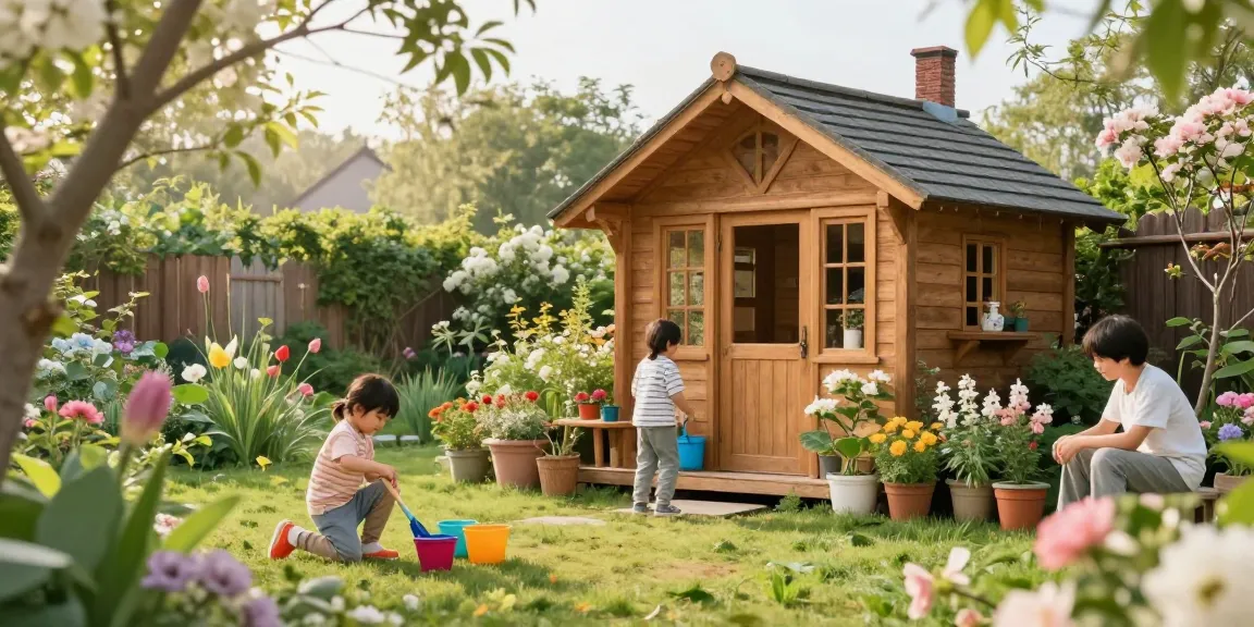 Gemütliches Garten Haus in blühendem Garten mit Familie und Kindern