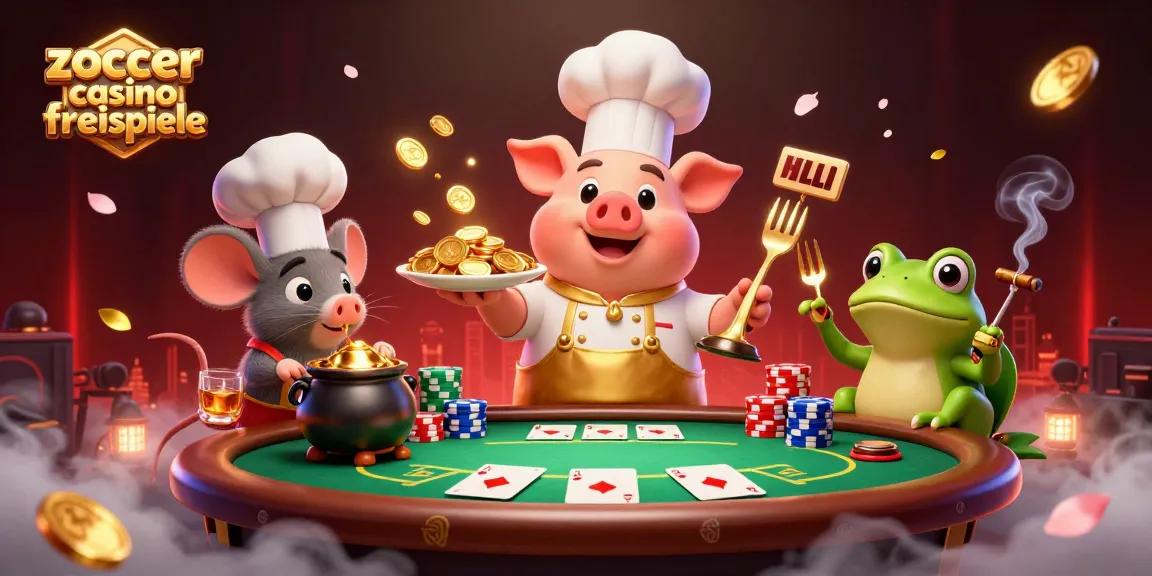 Zoccer Casino Freispiele mit einem 3D-Cartoon-Chef und einem lächelnden Koch-Team, das Goldmünzen präsentiert.