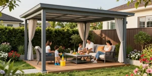 Terrassenüberdachung freistehend in einem einladenden Garten mit Familie, die die Zeit im Freien genießt.