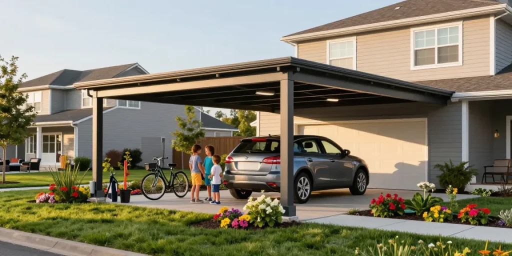 Modernes Carport-Design in einem gepflegten Garten mit einem Auto und Gartenmöbeln.