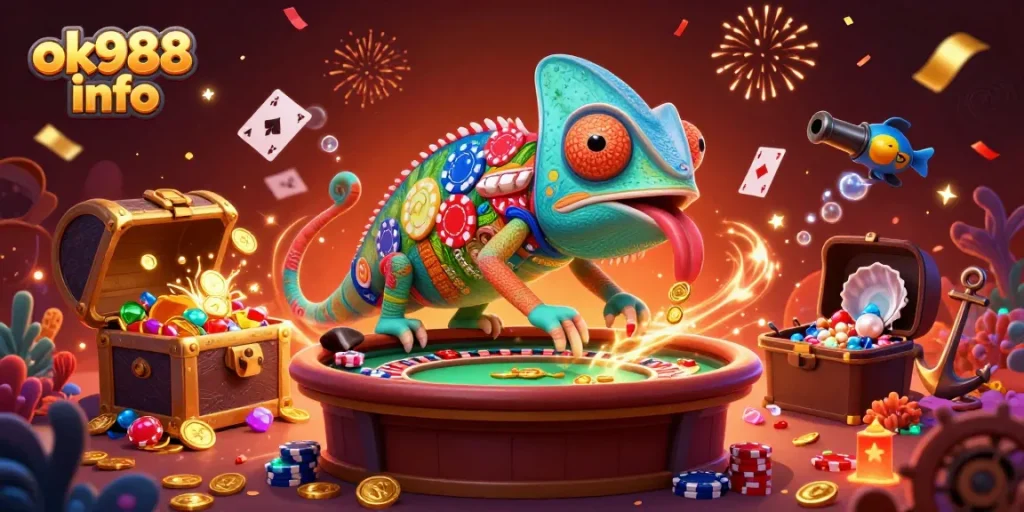 Experience the thrill of ok988 info with a colorful casino illustration showcasing exciting features.